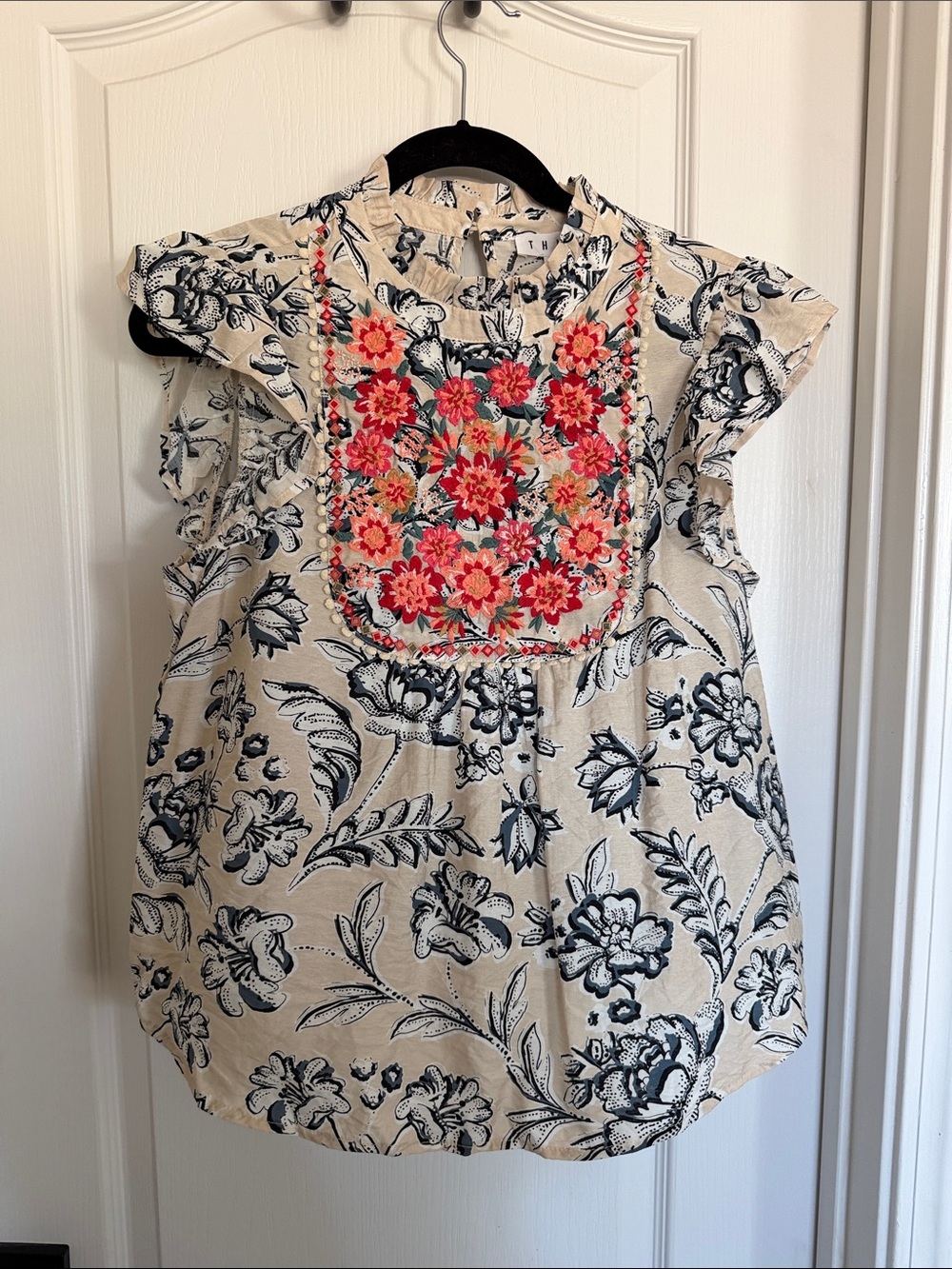 THML Beige Blouse with Coral and Black Floral Embroidery